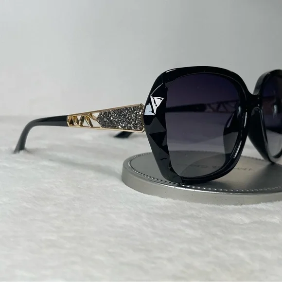 Black & Gold Oversized Square Sunglasses Polarized Tinted w Crystal Frames Nwt - Picture 7 of 13